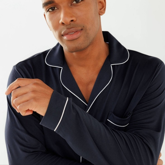 Men's Navy Modal Button Up Long Pyjama Set - Picture 2 of 4